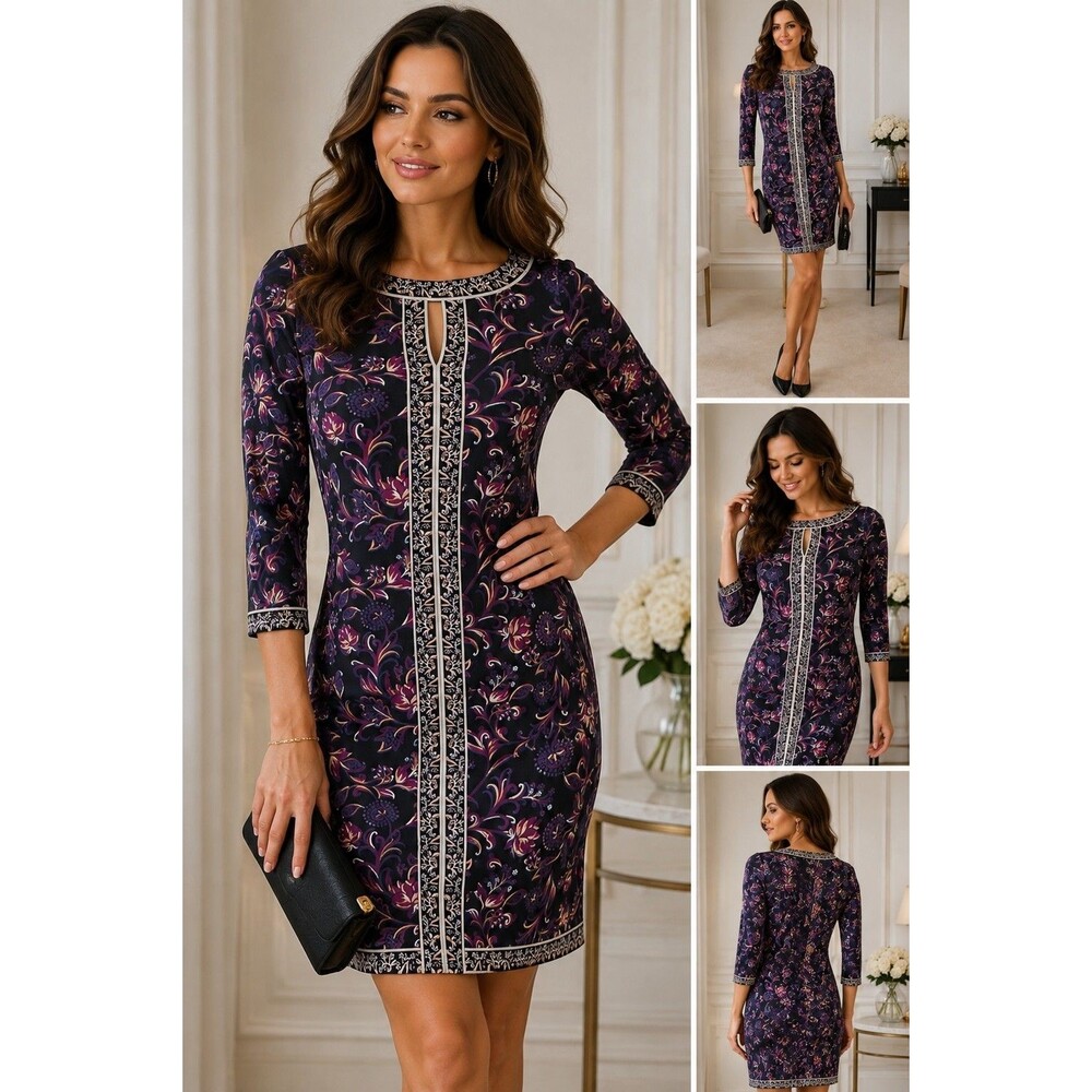 Maggie London Elegant Purple Paisley Floral Border Keyhole Dress 3/4 Sleeve 10